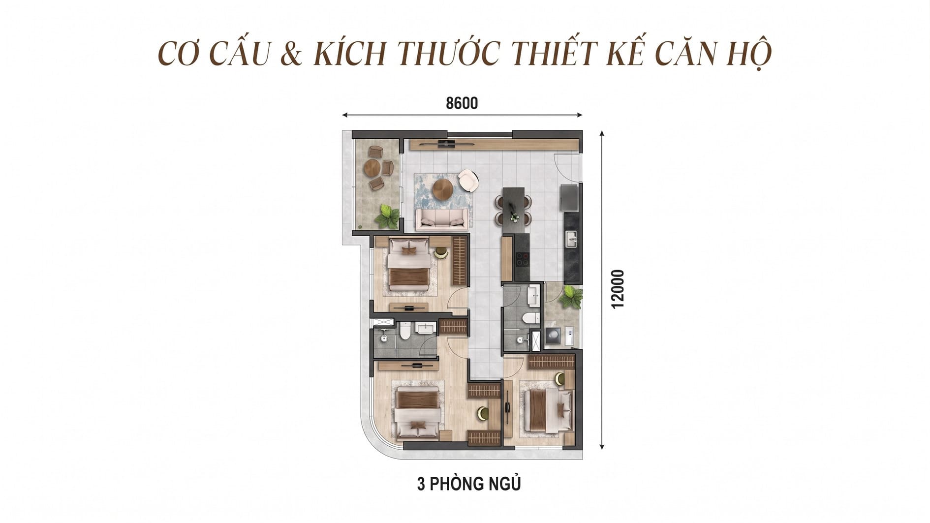 Đánh giá layout thiết kế căn hộ 3 phòng ngủ The Emerald River Park rộng rãi